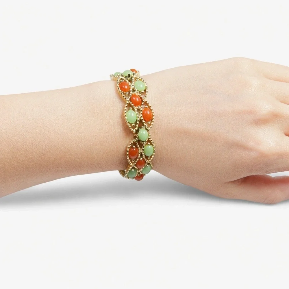 Sarah Coventry Bracelet Women Gold Vintage 60s Faux Jade Cabochon Multi-Color